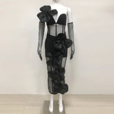 Top Quality Women Sleeveless Sexy One Shoulder Floral Mesh See Through Bodycon Bandage Long Dress Celebrate Nightclub Party Wear